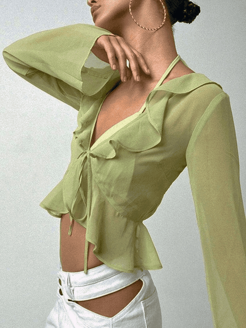 Sheer Mesh Ruffle Long Sleeve Crop Blouse - HouseofHalley