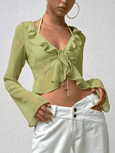 Sheer Mesh Ruffle Long Sleeve Crop Blouse - HouseofHalley