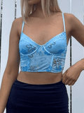 Shirred Blue Print Cropped Corset Top