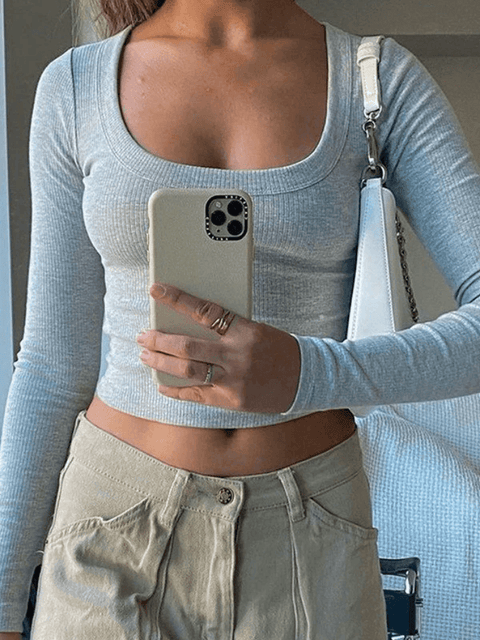 Solid Color Long Sleeve Knit Crop Top - HouseofHalley