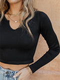 Solid Color Ribbed V Neck Long Sleeve Knit - HouseofHalley