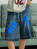 Star Print Loose Cropped Denim Shorts