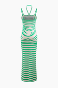 Stripe Print Rib Knit Halter Maxi Dress