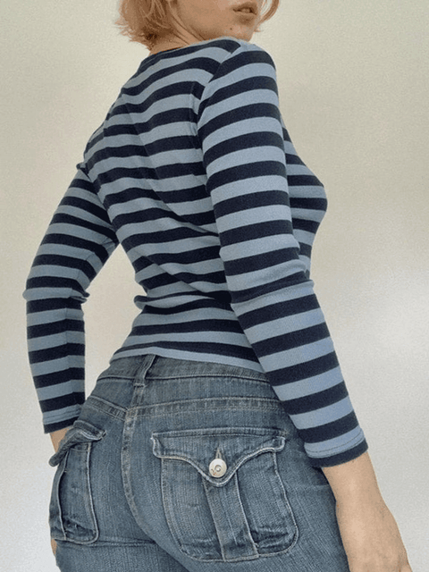 Striped V Neck Long Sleeve Tee - HouseofHalley