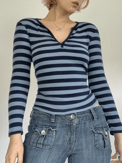 Striped V Neck Long Sleeve Tee - HouseofHalley