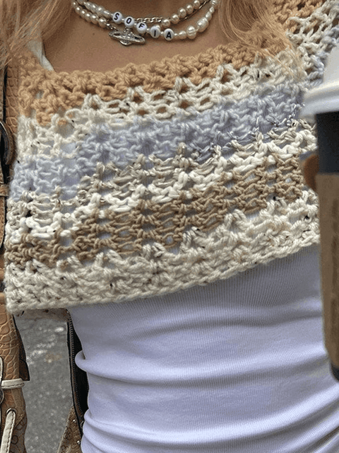 Super Crop Long Sleeve Knit Striped Crochet Top - HouseofHalley
