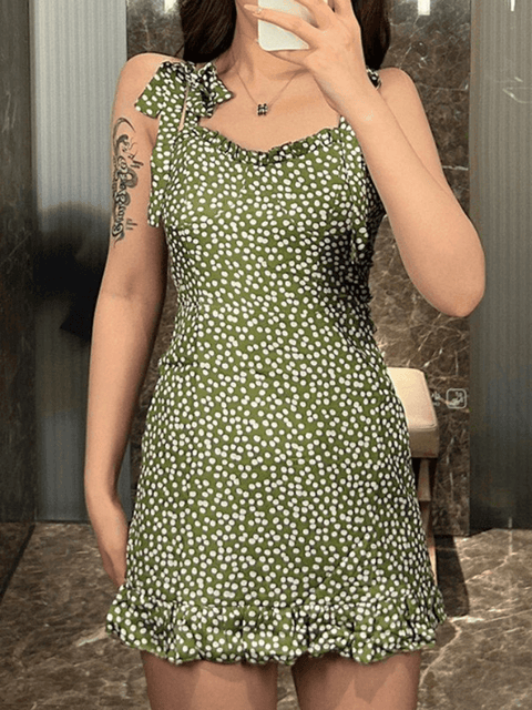 Tie Strap Polka Dot Green Mini Dress - HouseofHalley