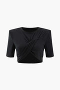 Twist Front Padded-Shoulder Crop T-Shirt - HouseofHalley