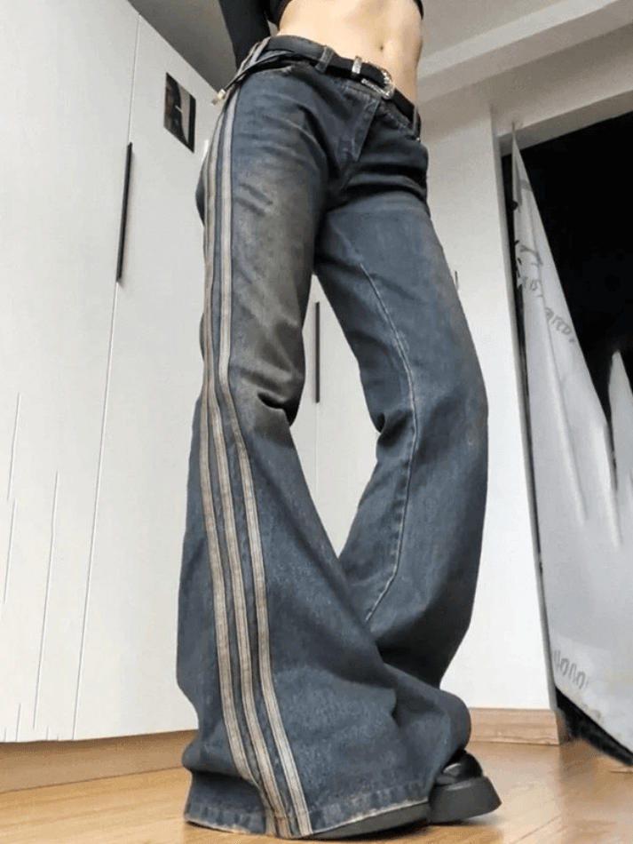 2023 Vintage Side Striped Y2K Flare Jeans Blue S in Flare Jeans Online ...