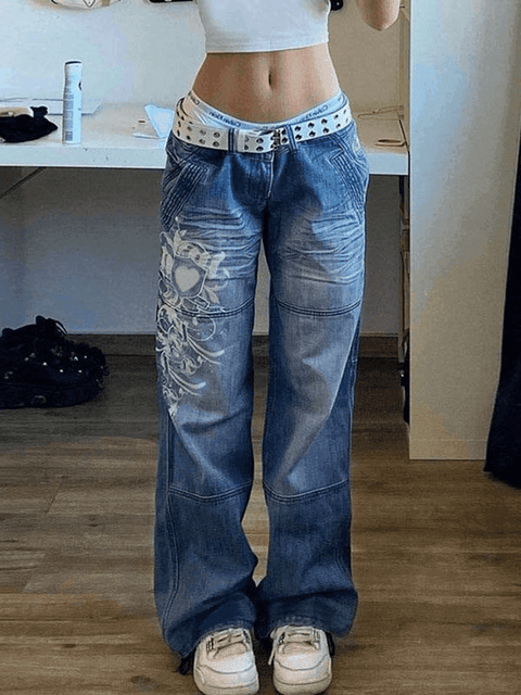 Washed Heart Pattern Cargo Jeans - HouseofHalley