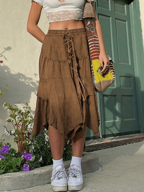 Washed Irregular Lace Up Midi Skirt - HouseofHalley