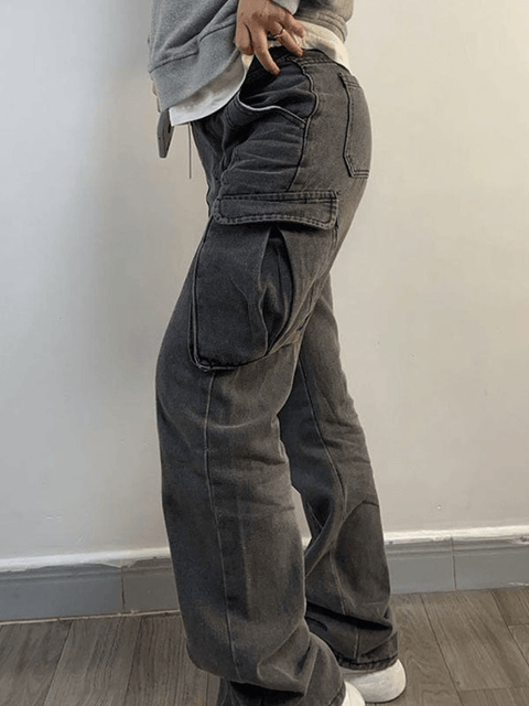 Washed Mid Waist Pocket Cargo Jeans - HouseofHalley