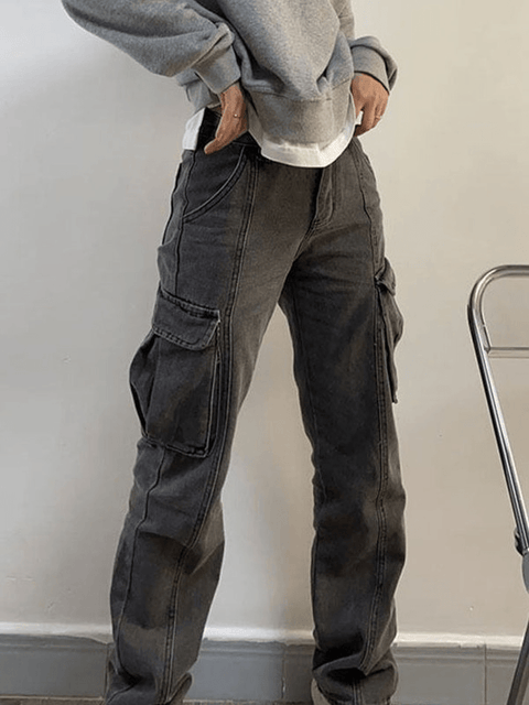 Washed Mid Waist Pocket Cargo Jeans - HouseofHalley