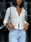 White Ruched Cropped Long Sleeve Blouse - HouseofHalley