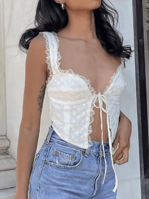 White Tie Front Lace Cropped Tank Top - HouseofHalley