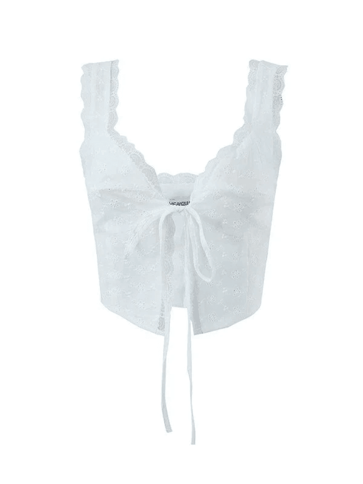 2023 White Tie Front Lace Cropped Tank Top White S in Tank Tops & Camis ...