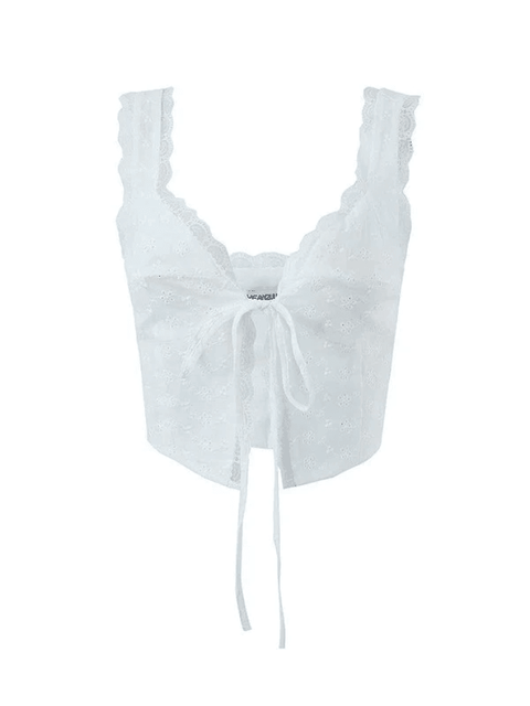 White Tie Front Lace Cropped Tank Top - HouseofHalley