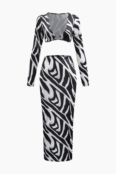 Zebra-print V-neck Crop Top And Maxi Skirt Set - HouseofHalley