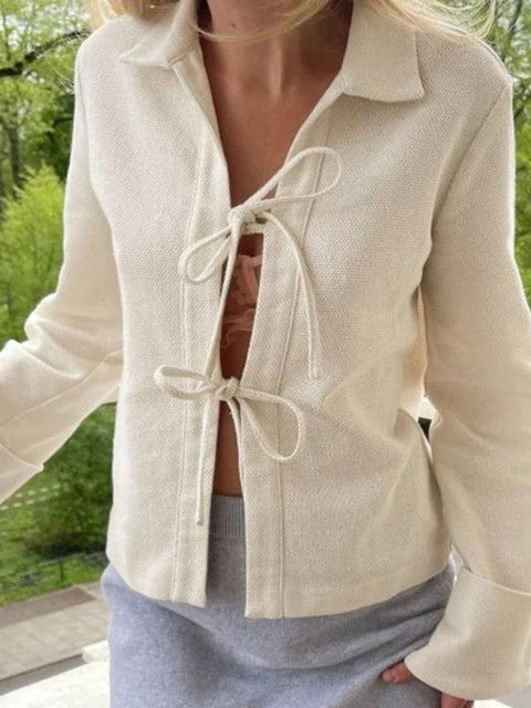 Solid Color Lace Up Cardigan Long Sleeve Blouse - HouseofHalley