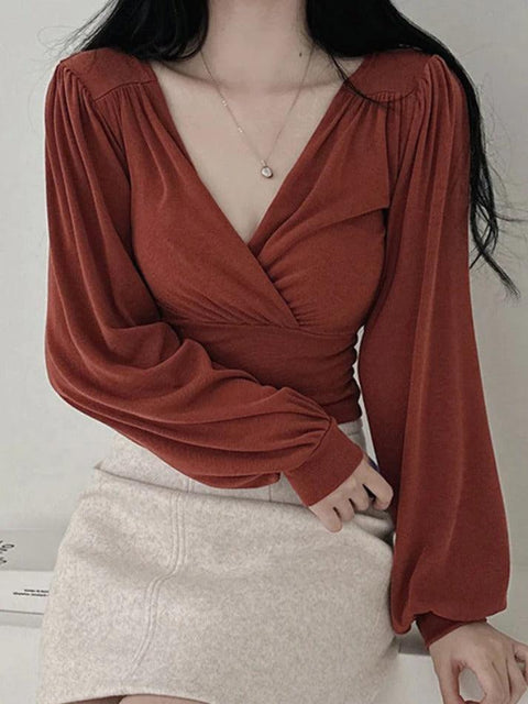 Solid Crossover Ruched Lantern Sleeve Long Sleeve Tee - HouseofHalley