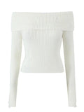 Long Sleeve Off-Shoulder Plain Ribbed-Knit Sweater - HouseofHalley