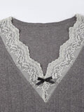 Lace Trim Splice V Neck Long Sleeve Knit - HouseofHalley