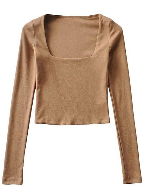 Long-Sleeve Square Neck Plain Cropped T-Shirt - HouseofHalley