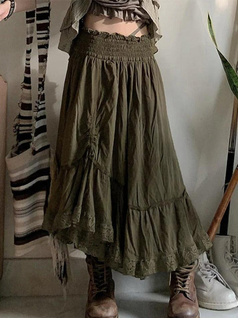Smocked Ruched Asymmetric Hem High Waist Maxi Skirt - HouseofHalley