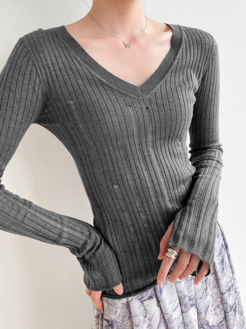 V Neck Slim Cutout Long Sleeve Knit - HouseofHalley