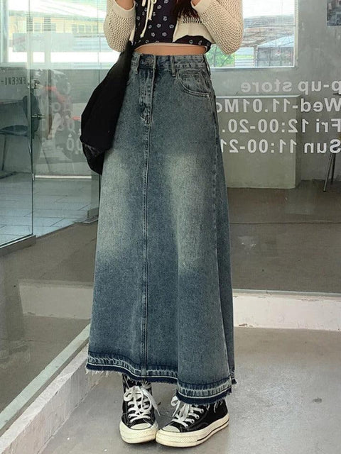 Vintage Distressed Frayed Hem A Line Midi Skirt - HouseofHalley