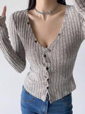 Solid Ribbed V Neck Twist Front Long Sleeve Knit - HouseofHalley