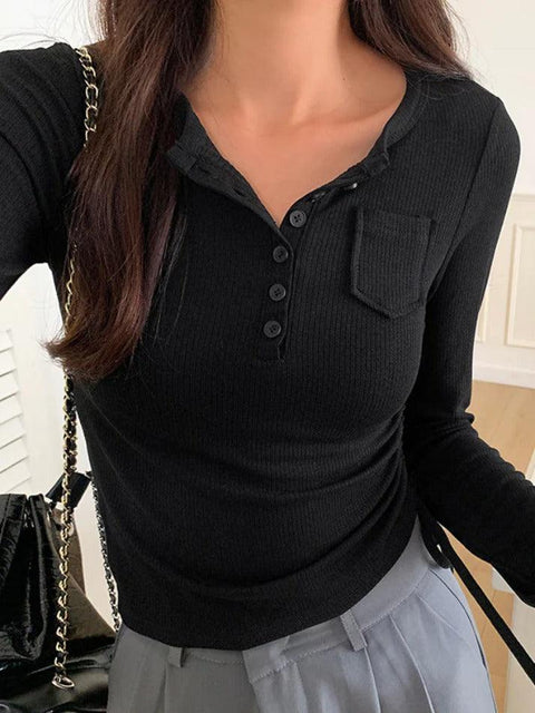 Rib Solid Breasted Slim Long Sleeve Knit - HouseofHalley