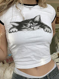 Short Sleeve Contrast Trim Cat Print Crop Top - HouseofHalley