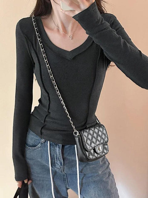 Solid V Neck Seam Detail Slim Long Sleeve Knit - HouseofHalley