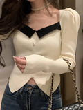 Contrast Color Splice Pearl Breasted Slit Knit Sweater - HouseofHalley