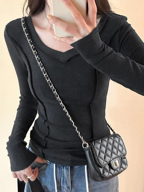 Solid V Neck Seam Detail Slim Long Sleeve Knit - HouseofHalley