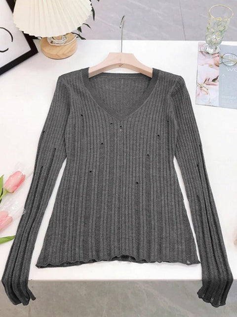 V Neck Slim Cutout Long Sleeve Knit - HouseofHalley