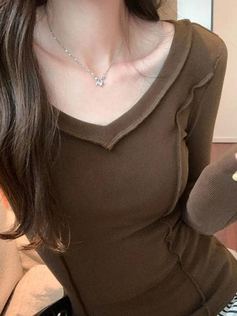 Solid V Neck Seam Detail Slim Long Sleeve Knit - HouseofHalley