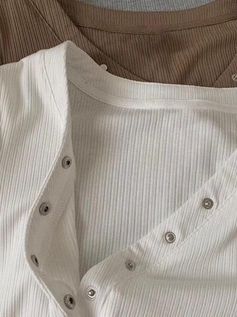 Solid V Neck Snap Button Slim Long Sleeve Knit - HouseofHalley