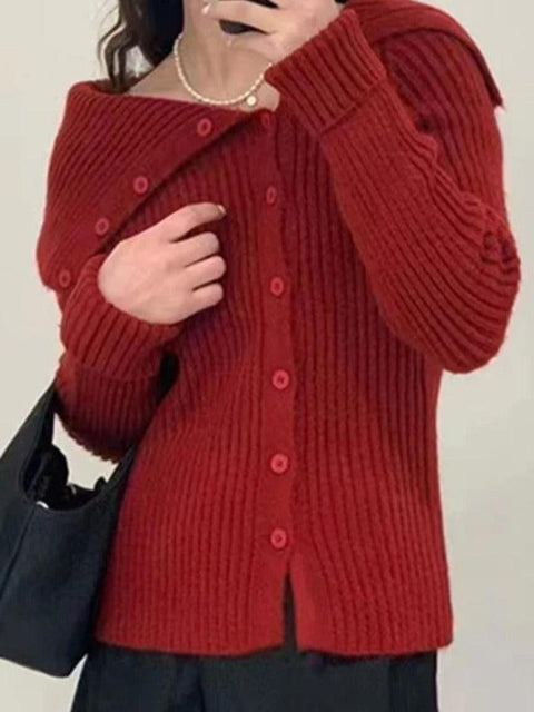 Solid Irregular Lapel Neck Off Shoulder Long Sleeve Knit - HouseofHalley