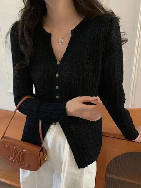 Solid V Neck Slit Long Sleeve Knit - HouseofHalley