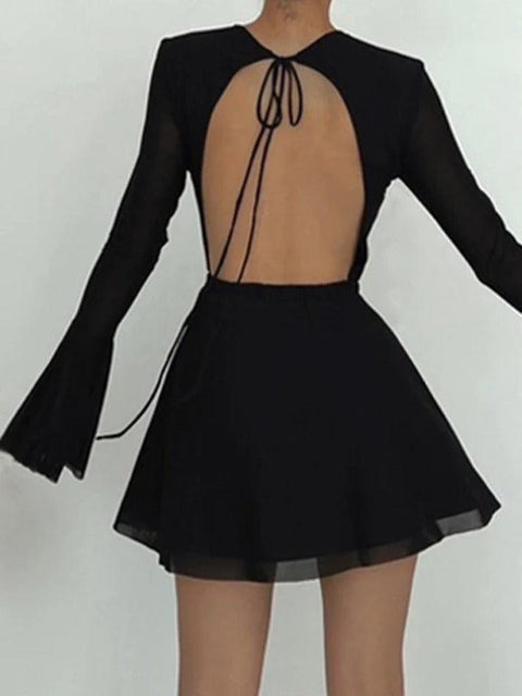 Solid Color Mesh Splice Backless Flare Sleeve Mini Dress - HouseofHalley