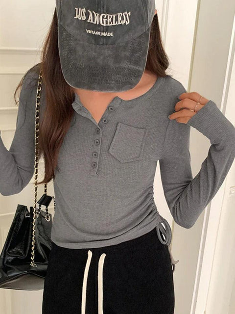Rib Solid Breasted Slim Long Sleeve Knit - HouseofHalley