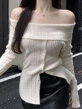 Long Sleeve Off-Shoulder Ribbed-Knit Sweater - HouseofHalley