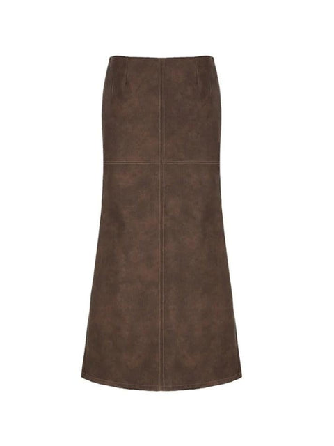 Vintage Brown Back Slit Low Waist Leather Maxi Skirt - HouseofHalley