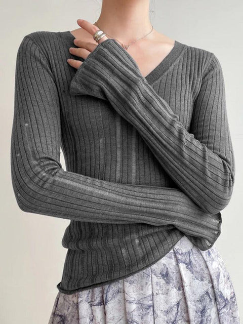 V Neck Slim Cutout Long Sleeve Knit - HouseofHalley