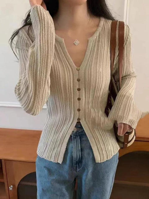 Solid V Neck Slit Long Sleeve Knit - HouseofHalley