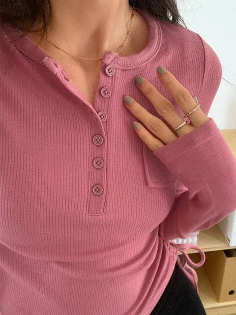 Rib Solid Breasted Slim Long Sleeve Knit - HouseofHalley