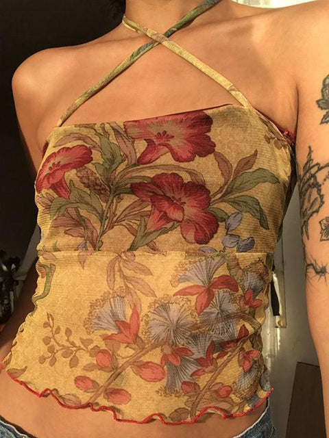 Floral Print Lettuce-Edge Crop Halter-Neck Top - HouseofHalley