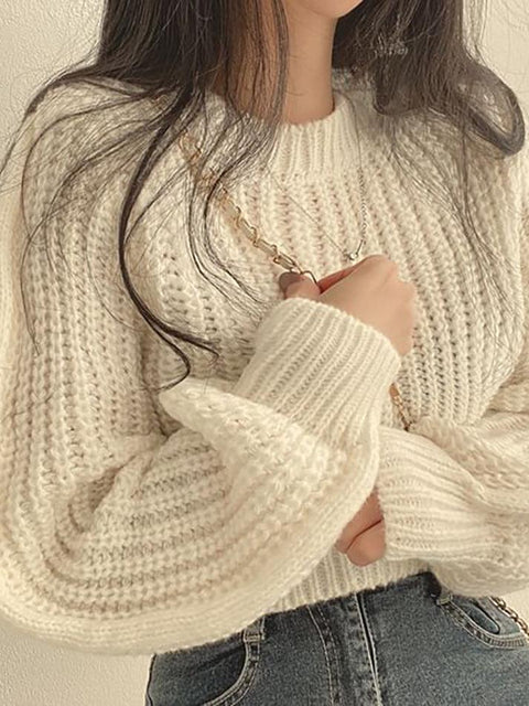 Puff Sleeve Plain Crop Sweater - HouseofHalley
